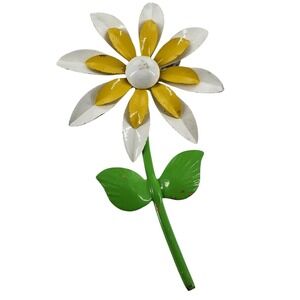 Vintage 60s Mod Enamel‎ Daisy Brooch White Yellow Flower Power Statement Pin 3"